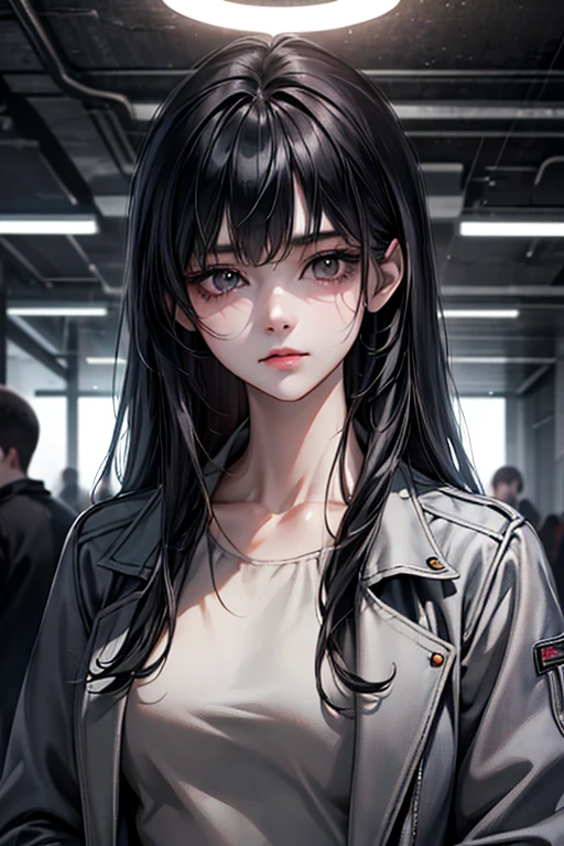 (The finest quality details,Beautiful image,8K,lifelike,dramatic lighting 1:1)(Digital art digital illustrations),Inside the shelter,(cool dim lighting), girl,grey jacket,Bangs,long black hair,Beautiful and delicate face,a chaotic dystopia,future,