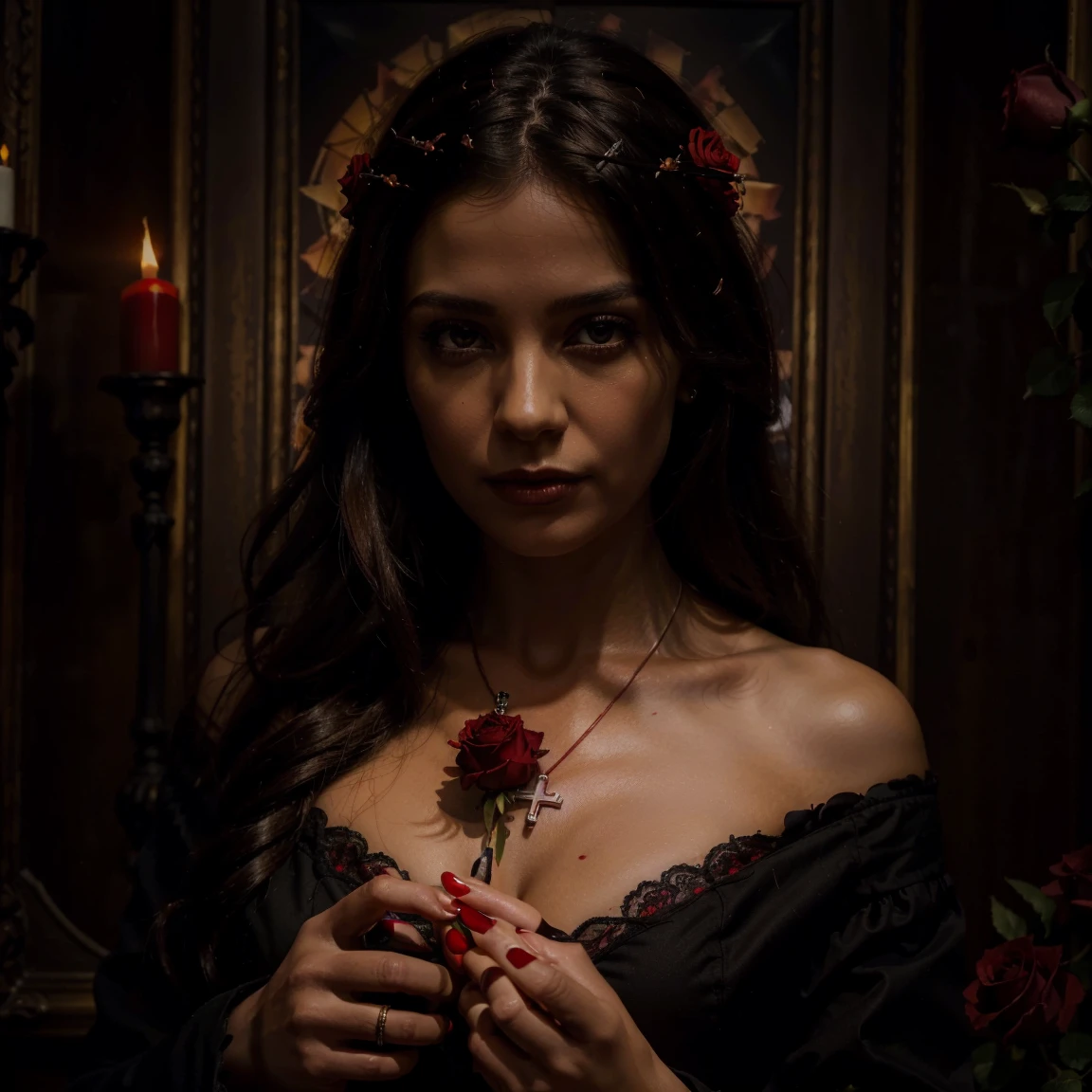 (highres, oil painting:1.2), vibrant dark, gothic style, detailed blood, small flame, fading rose petals, centered, white woman's hand holding a red rose, blood, cross necklace.