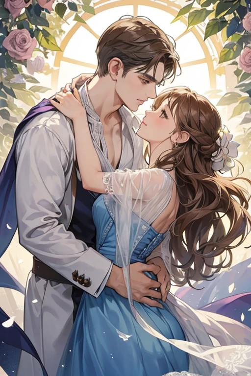 Create a watercolor art of a romantic scene, where a brown-haired man holds a brown-wavy haired woman from behind, their bodies close together. Surrounding them is a small gray rose, its petals delicately rendered in watercolor. Intricate golden vine and little white flower rectangle designs weave around them, adding an elegant touch to the piece. The background is a mesmerizing blend of blue, purple, and gray hues, creating a serene and calming atmosphere.
The woman wears a beautiful blue dress, its fabric rippling gently in the imagined breeze. A sparkling diamond necklace adorns her tender neck, adding a touch of opulence to the scene