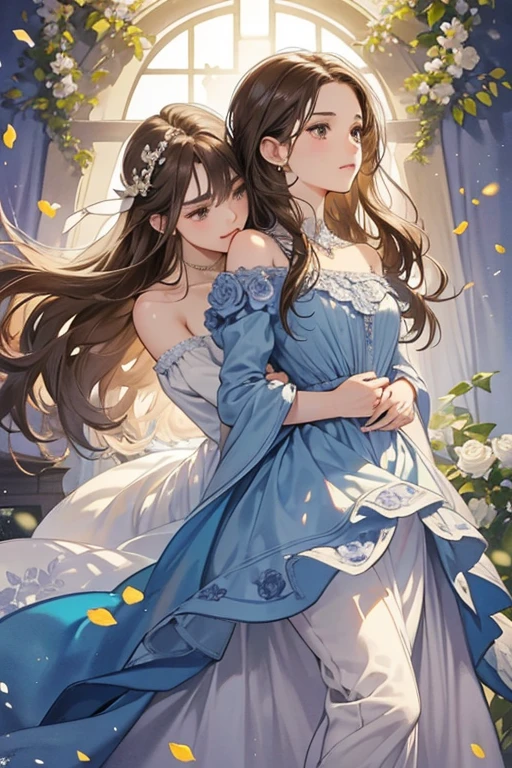 Create a watercolor art of a romantic scene, where a brown-haired man holds a brown-wavy haired woman from behind, their bodies close together. Surrounding them is a small gray rose, its petals delicately rendered in watercolor. Intricate golden vine and little white flower rectangle designs weave around them, adding an elegant touch to the piece. The background is a mesmerizing blend of blue, purple, and gray hues, creating a serene and calming atmosphere.
The woman wears a beautiful blue dress, its fabric rippling gently in the imagined breeze. A sparkling diamond necklace adorns her tender neck, adding a touch of opulence to the scene