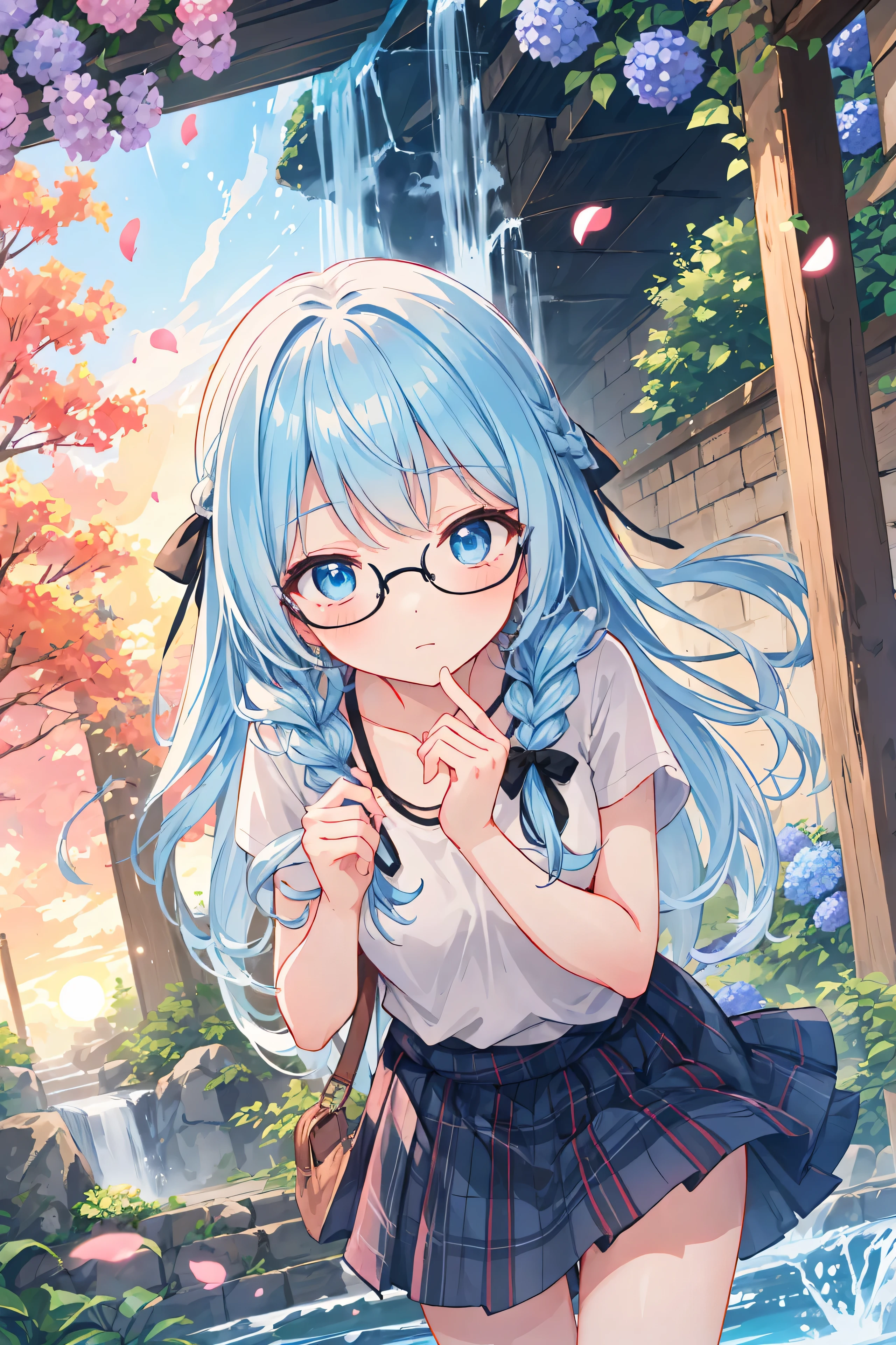 Rousse-blonde、cheveux bleus、yeux bleus、Tresser、une jolie fille、Seulement、animé、Minijupe à carreaux、camisole、T-shirt noir、Incliner ton visage、Faire le ruban、Ruban à la taille、ciel coucher de soleil、Tombeau、escaliers en pierre、pétale、tunnel、tirer une fortune、feuilles mortes、fixer des lunettes、cascade、Avoir un bouquet d&#39;hortensias