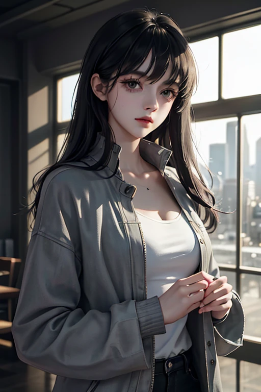 （The finest quality details，Beautiful image，8K，lifelike，dramatic lighting 1:1)(Digital art digital illustrations)，Inside the shelter，(cool dim lighting)，16 year old girl，grey jacket，Bangs，long black hair，Beautiful and delicate face，a chaotic dystopia，future，