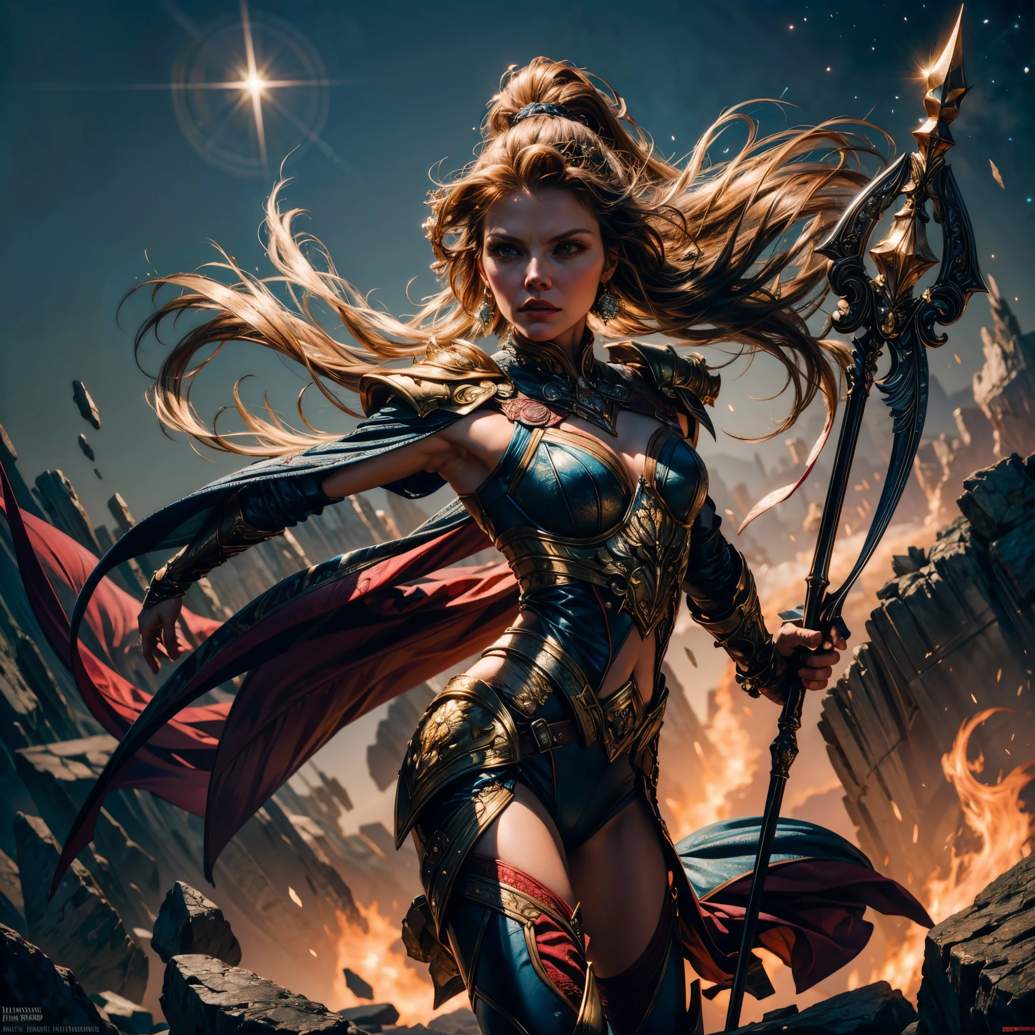 Epic Beautiful painting of Michelle-Pfeiffer as perfect gorgeous female warrior, shapeless long fullbody, perfect features, (wearing extremely baroque armor Chainmail_Armor), abstract beauty, near perfection, pure form, dynamic pose, ethereal background, (deep dark shadows), (strong cinematic lighting), (back lighting), "Michelle-Pfeiffer" concept art by Greg Rutkowski and John William Waterhouse and Alphonse Mucha, epic stunning details, intricate details, hyper post-production, ultra High resolution, ultra high details, trending on ArtStation, ultra sharp focus, depth of field f/1.8, studio photos, (((looking at camera))) magv1ll high details, best quality, absurdres [ultra detailed], masterpiece, ultra high best quality, (extremely detailed), dynamic angle, ultra wide shot, photorealistic, ((fantasy art)) ((larry elmore style)), dnd art, rpg art, realistic art, female human druid of the stars, guardian of nature, controlling magical energy made of stars, swirling blue stary magical light, divine symbols (1.5 intricate details, Masterpiece, best quality, absurdres), human female, extremally beautiful, ultra feminine, dynamic hair, dynamic hair color, wearing leather armor, holding a staff, moon light, stars, dynamic natural background, RPG art, magical atmosphere magic-fantasy-forest, ultra best realistic, best details, best quality, absurdres, [ultra detailed], masterpiece, ultra best quality, (extremely detailed), ultra wide shot, photorealism, depth of field, hyper realistic painting, 3D rendering, varies multi etc. --v 6 --s 1000 --c 20 --q 20 --chaos 100