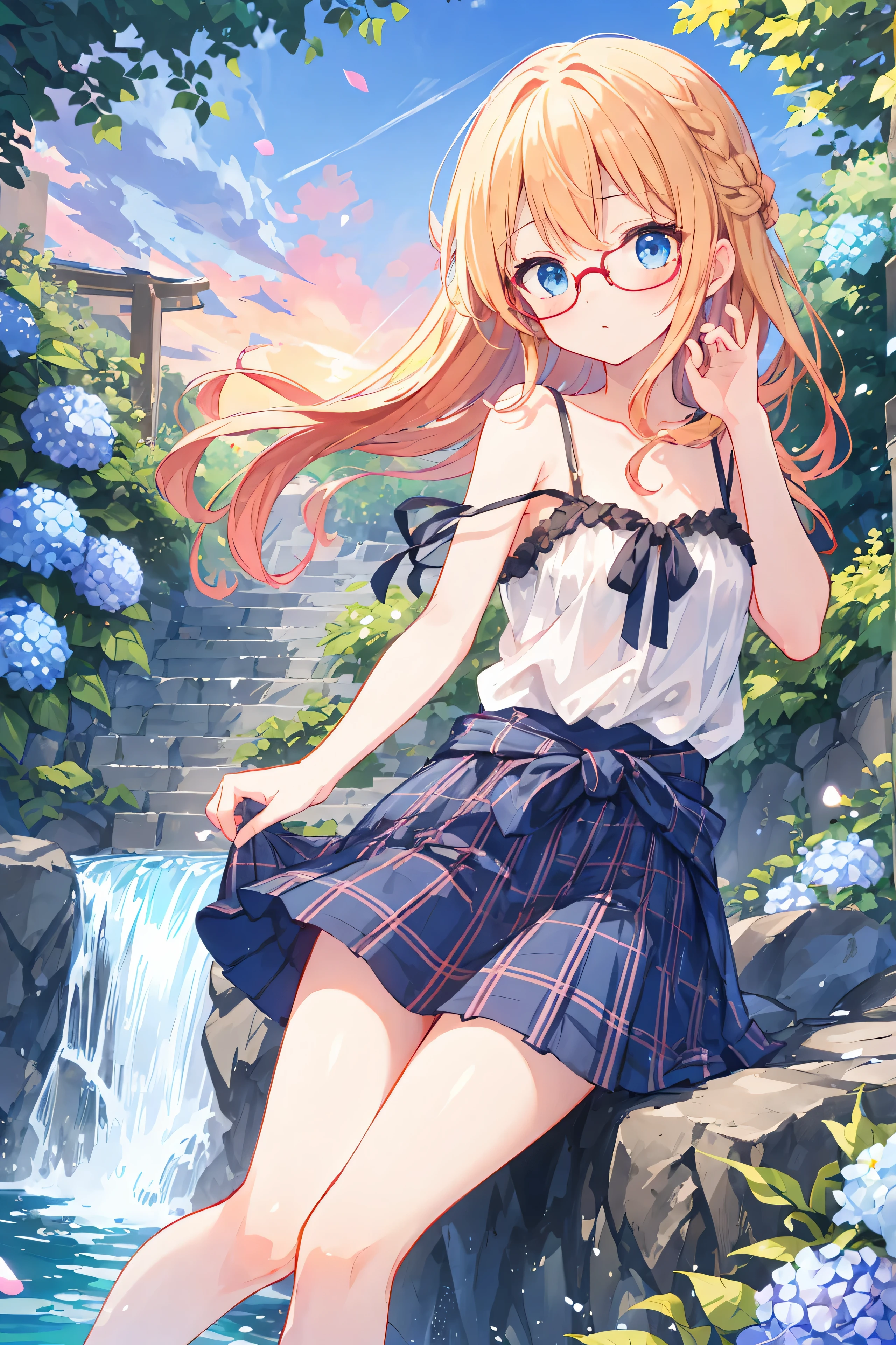Rousse-blonde、cheveux bleus、yeux bleus、Tresser、une jolie fille、Seulement、animé、Minijupe à carreaux、camisole、T-shirt noir、Incliner ton visage、Faire le ruban、Ruban à la taille、ciel coucher de soleil、Tombeau、escaliers en pierre、pétale、tunnel、tirer une fortune、feuilles mortes、fixer des lunettes、cascade、Avoir un bouquet d'hortensias