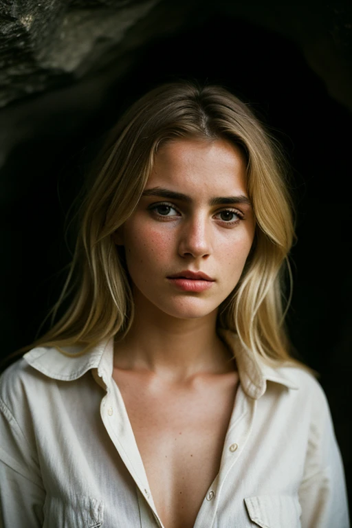 hotograph of a woman, (troubled facial expression), textured skin, goosebumps, balayage blonde hair, white buttoned up shirt with distressed boyfriend jeans, cowboy shot, dark and mysterious cave with unique rock formations and hidden wonders, perfect eyes, (candlelight,chiaroscuro), Porta 160 color, shot on ARRI ALEXA 65, bokeh, sharp focus on subject, shot by Don McCullin