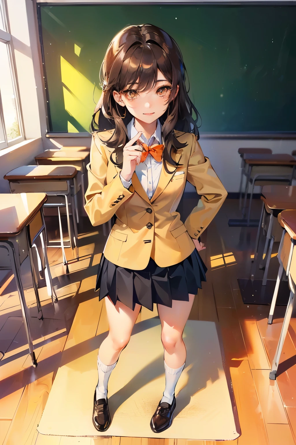 (((1girl))), ((best quality)), (((masterpiece))), ((ultra-detailed)), (illustration), (detailed light), (an extremely delicate and beautiful), (beautiful detailed eyes), (sunlight), ((extremely light)), 

((((school blazer and a pleated skirt)))),
school girl,

wavy medium hair, (((dark brown hair))), (((long hair))), 
(((deep orange eyes))), 

((whole body)), aged 14 to 17, 
diamond, beautiful, ((extra elegant)), (((condescending expression))), (sexually mischievous smile),  (((extra adorable))), (((extra slender shape))), 

(((standing in the classroom))),


(((extraordinarily thin thighs))), 
(((mat white ankle socks))),