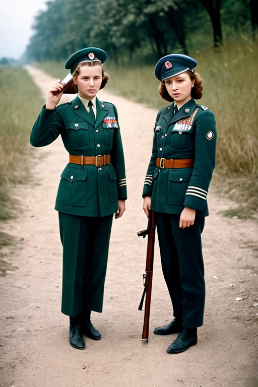 girls in second world war military uniform, holding weapons, on the battlefield