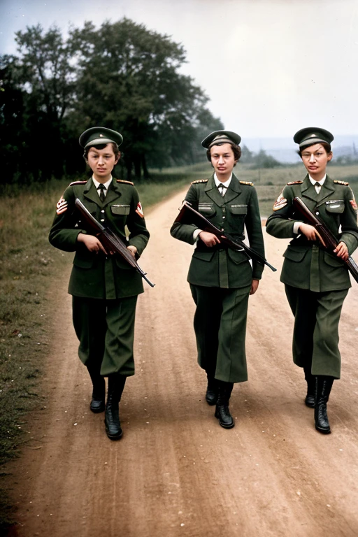 girls in second world war military uniform, holding weapons, on the battlefield