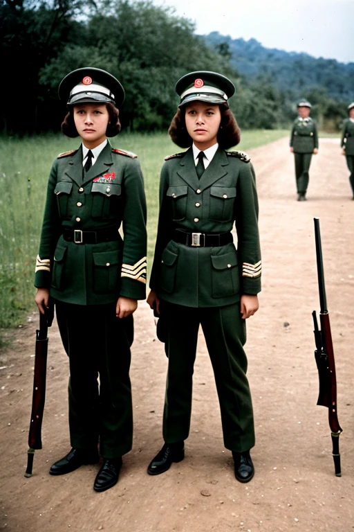 girls in second world war military uniform, holding weapons, on the battlefield