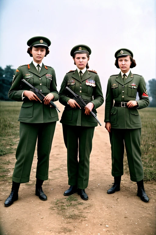girls in second world war military uniform, holding weapons, on the battlefield