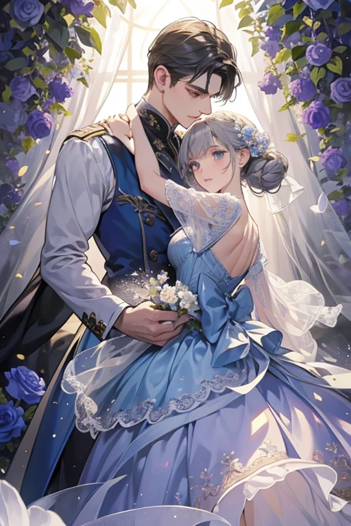 Create an exquisitely detailed illustration art of a man and a woman in a romantic scene. The man reaches out from behind to hold the woman close, their bodies pressed together, while she gazes over her shoulder at him with a loving expression. A small, delicate gray rose is clutched in his hand, its petals soft and lifelike. Intricately designed gold vines and white flower rectangle patterns adorn the scene, adding an elegant touch.
The background is a stunning blend of blue, purple, and gray hues, creating a captivating and dreamlike atmosphere. The woman wears a beautiful, form-fitting blue dress that shimmers under the light, accented by