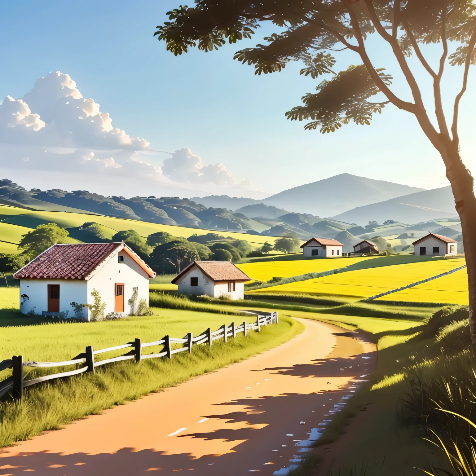A sunny setting with a small house in the countryside. O jumentinho, com um olhar animado, entra correndo na cena