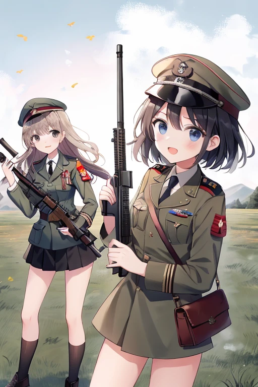 girls in second world war military uniform, holding weapons, on the battlefield