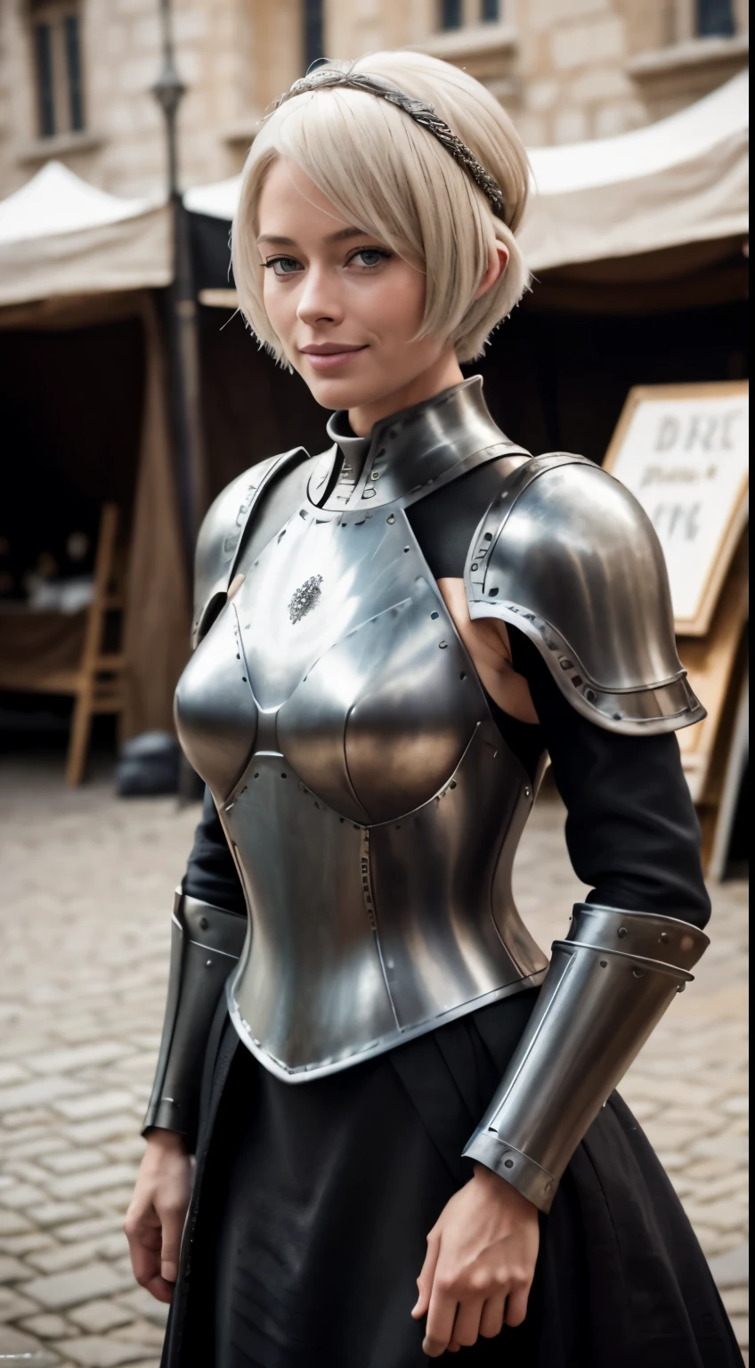 RAW photo of 50 years old Doutzen Kroes, Create dystopian masterpieces, scene from the Game of Thrones movie, the entire figure dressed in Game of Thrones style, black dress with armor accessories, om a medieval market square, beautiful woman, medium breasts, blond platinum hair (bob haircut:1.2), smile smile, wrinkles on the face,