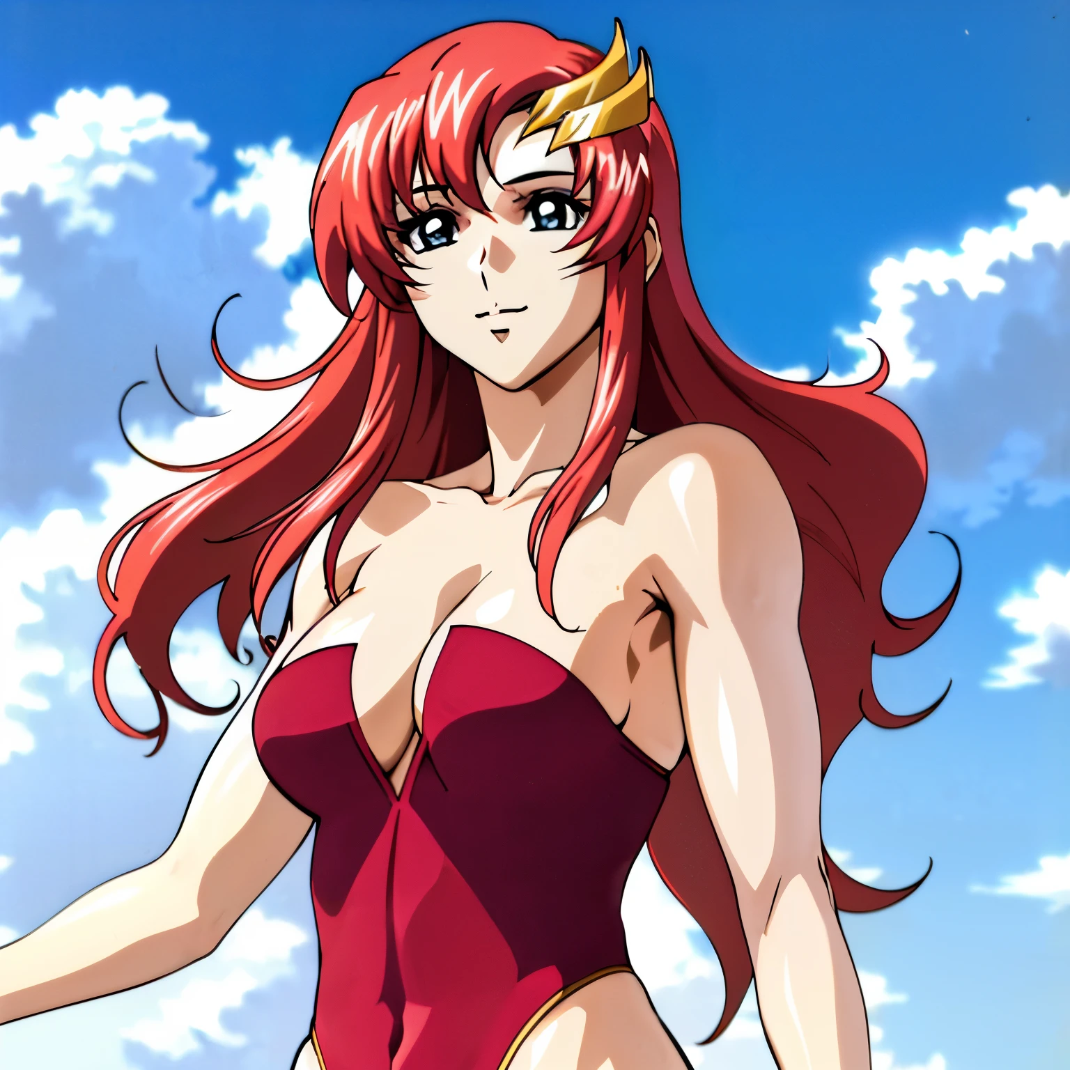 lacus4, solo, peace sign, (masterpiece, upper body view, strapless, (very slim shoulders), 4K, Best Quality, Anime style: 1.9, happy, Adult Woman, (ultra detailed head), (cloud background, white skin), Drawing lines, high resolution, lacus4), 1girl, Solo, curvy figure, Long hair, 鎖骨, scapular, (Detailed wide hair bangs, Hair Ornament, Detailed reddish-pink hair, shiny streaks, slim arms, detailed golden crest), cleavage, large hands, (hair cover shoulders). (Big blue eyes, shiny eyes), ((female wrestler, (slim body), little biceps, slim arms, closed fists, thighs)), ((perfect proportions, medium breasts, long belly)), (((very tight leotard, crimson strapless leotard, red arm band, neck band))), smile, (standing, hot colors), detailed fingers, (bare shoulders)
