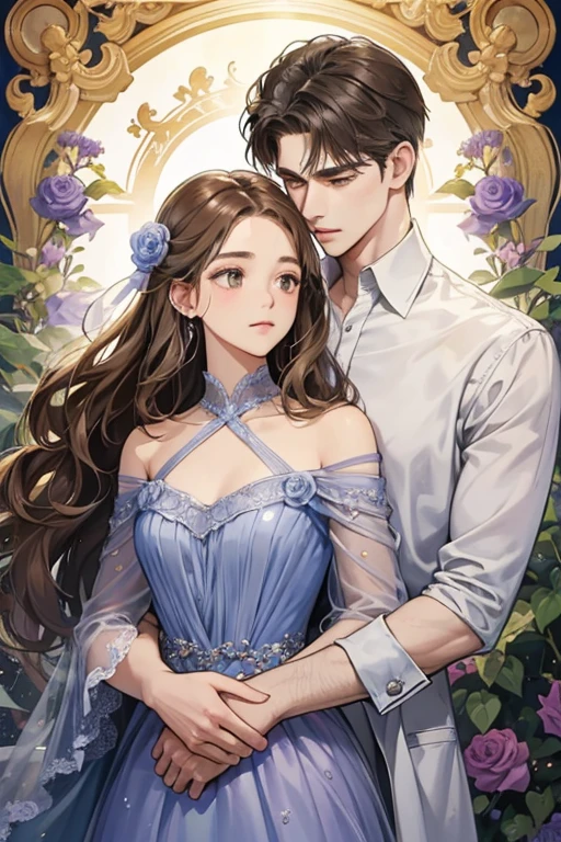 A western-style watercolor art masterpiece: 1.4,
A brown-haired man, with wavy brown locks, holding a woman from behind, their bodies close together, a small gray rose clutched between them, serving as the cover's center. Intricate golden vine and white flower rectangle designs adorn the artwork, adding to its charm.
The background boasts a soothing blue, purple, and gray color palette, evoking a sense of calmness and serenity without being too bright or white. The woman wears a stunning blue dress, adorned with sparkling diamonds around her neck, while the man wears an unbuttoned white shirt, his chest and
