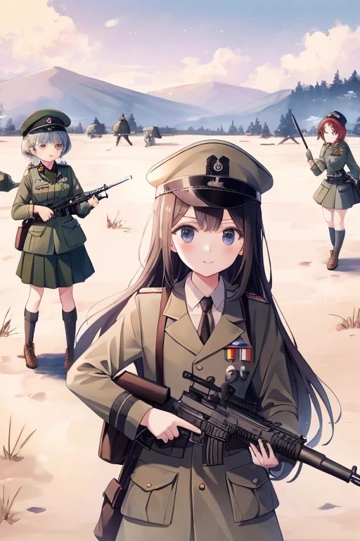 girls in second world war military uniform, holding weapons, on the battlefield