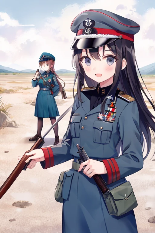 girls in second world war military uniform, holding weapons, on the battlefield