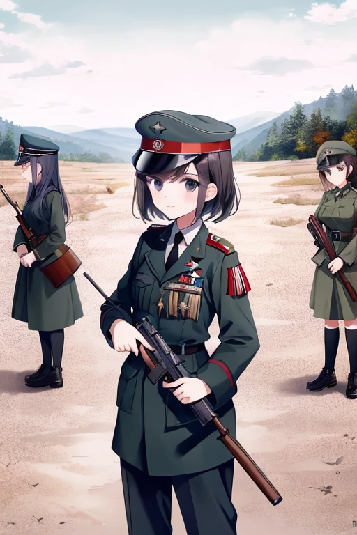 girls in second world war military uniform, holding weapons, on the battlefield