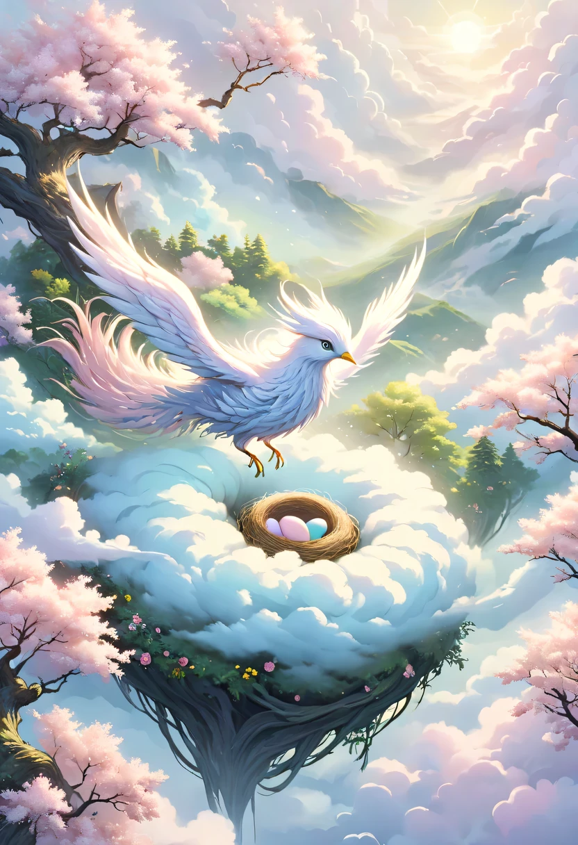 彩虹做的Nest里有一个仙女，Above the clouds，Nest，pastel tones，Light style，Comfortable and calm，nature，warm and cozy，garden，hyper detailed masterpiece, Dynamic, high quality,Floating Extra Large Ethereal Dream DonMW15pXL