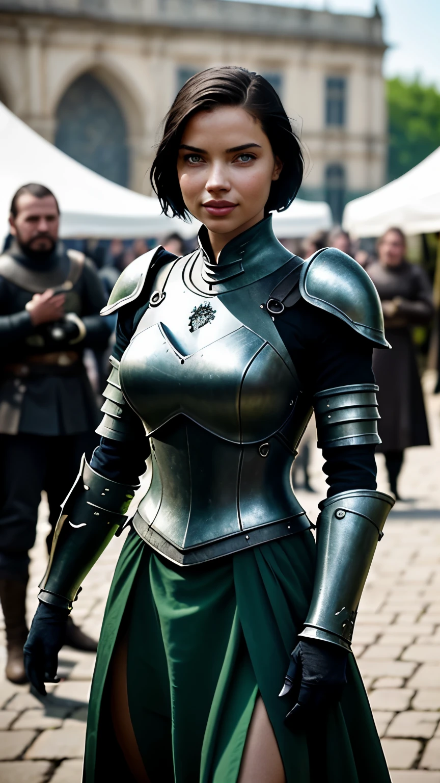 Foto hiperrealista en primer plano de Adriana Lima, Create dystopian masterpieces, scene from the Game of Thrones movie, the entire figure dressed in Game of Thrones style, light green dress with armor accessories armor, on a medieval market square,  beautiful woman, skinny, medium breasts, black short bob cut hair, detailed face, smile. smile, facing the camera, photo taken from a distance, age of 18 years old