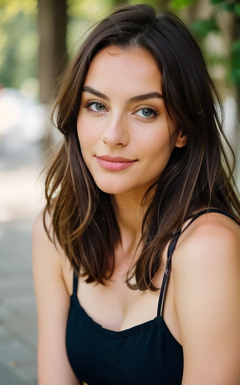 Selfie shot Beautiful brunette with blonde highlights takes a selfie photo, upper body, im cafe ,al fresco, wirkliches Leben nature, Highly detailed, 22 Jahre alt, Unschuldiges Gesicht, Natural wavy hair, blaue Augen, high resolution, Meisterwerk, best quality, Komplizierte hohe Detailgenauigkeit, Highly detailed, Scharfer Fokus, Detaillierter Skin, realistic skin Textur, Textur, Detaillierte Augen, Professionell, 4K, charming smile, aufgenommen mit Canon, 85mm, light depth of field, Kodak Vision Farbe, Perfectly fitting body , Extrem detailliert, Fotografie_\(Ultra\), fotorealistisch, realistisch, Nachbearbeitung, Maximale Details, Rauhigkeit, wirkliches Leben, shot on Kodak Gold 400