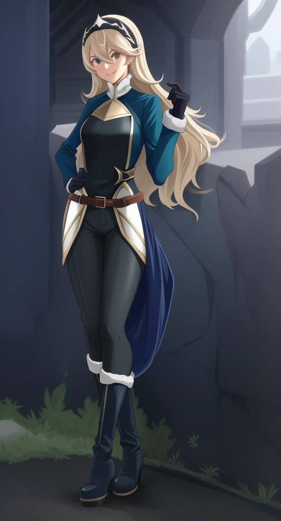 Corrin in a blue and black outfit, sil from species, fullbody portrait, evil smile, dark blue mantle with fur, dark green bodysuit with brown belt and black buckle, black heeled boots