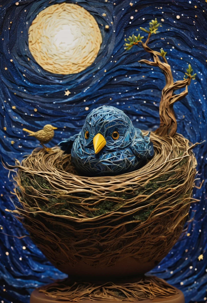 a newborn bird, the bird is abnormally fat and the nest is located in a bonsai, the nest breaks due to the weight of the chick and the chick falls, in a pot, surreal, funny, comic, starry sky, zentangle, origami, cinematic, emotional, epic, vincent van gogh,....by my self...lol