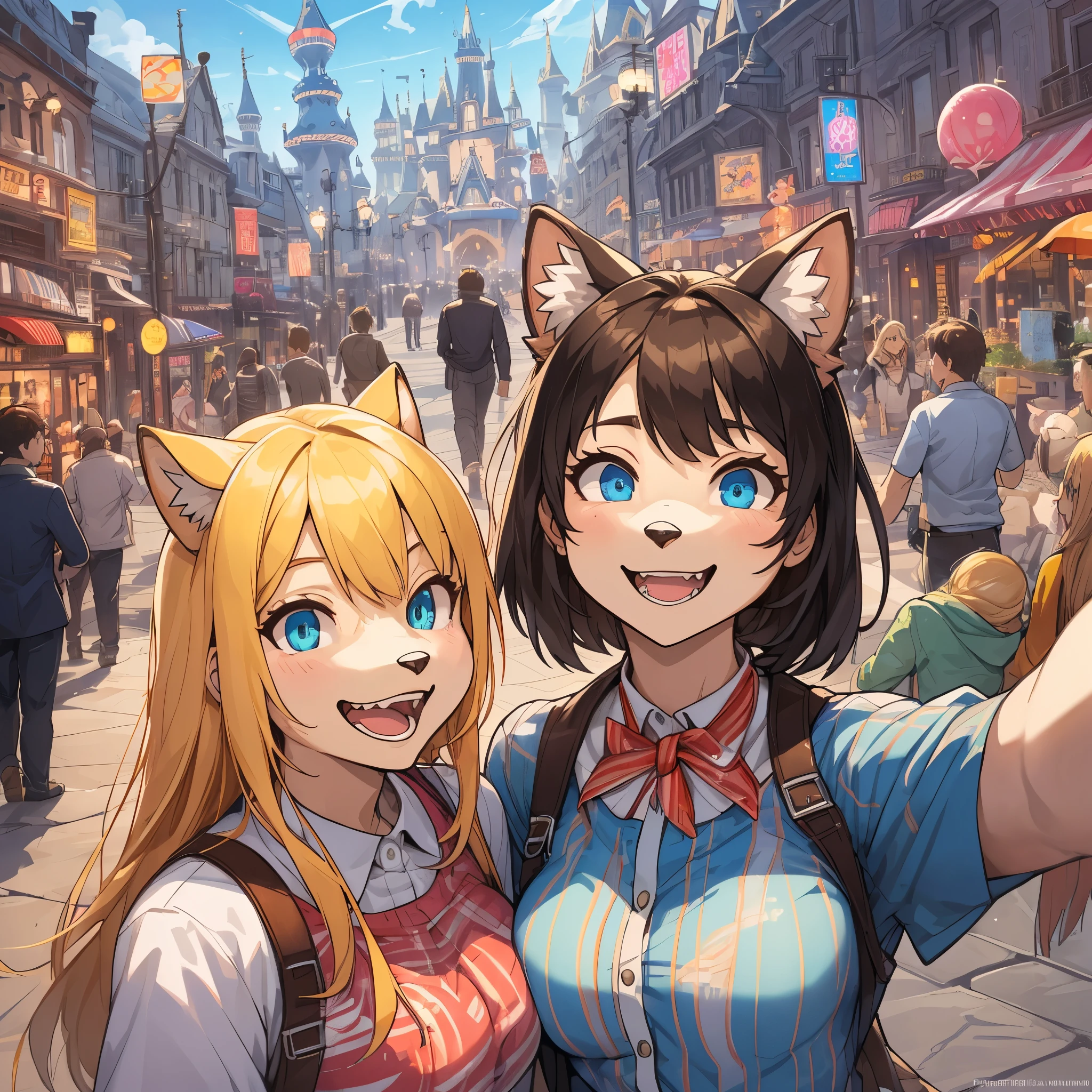 top quality, best quality, High-quality illustrations, masterpiece, super high resolution, detailed background, detailed background, An amusement park, Disneyland, group shot:0.5, 6+boys, 6+girls, Happy, joyful, absurdres(highly detailed beautiful face and eyes)perfect ???????(Photos taken with friends)(kemono, furry anthro)selfie:0.5,
