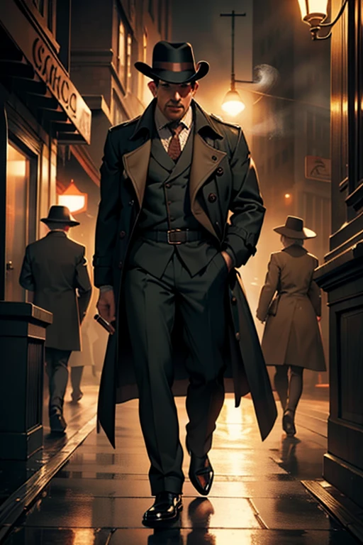 A captivating image of a 1940s private detective, dressed in a seductive and alluring trench coat and fedora, investigating a smoky jazz club. The scene exudes the ambiance of a classic crime novel, as moody lighting casts long shadows and the sound of jazz music fills the air, creating an atmosphere of intrigue and danger. The detective, standing in a dimly lit corner, takes a drag from his cigar, the smoke billowing around him in the 8K rendering, Octane rendering, super detailed rendering, and hyper-realistic 3D rendering.