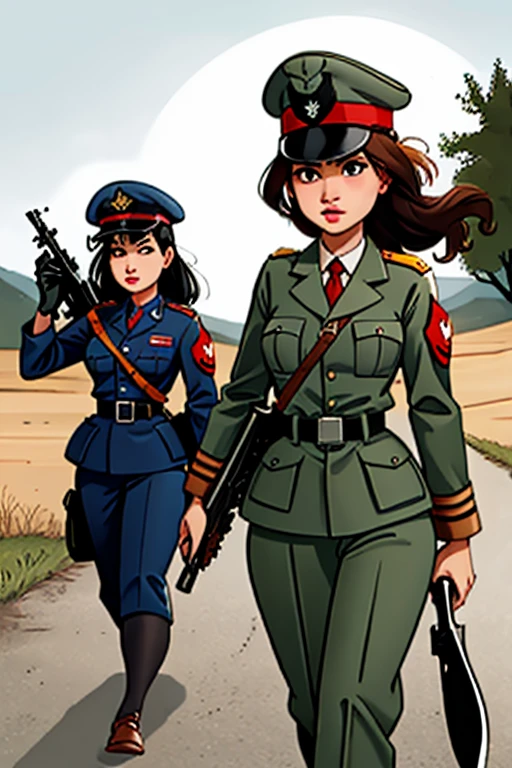 girls in second world war military uniform, holding weapons, on the battlefield