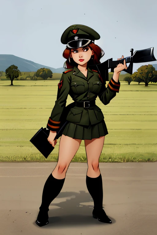 girls in second world war military uniform, holding weapons, on the battlefield