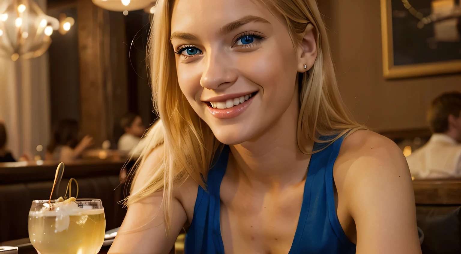 real photo, young happy sexy Caucasian woman, blue eyes, blond hair (looks happy) (in a restaurant) (by night)