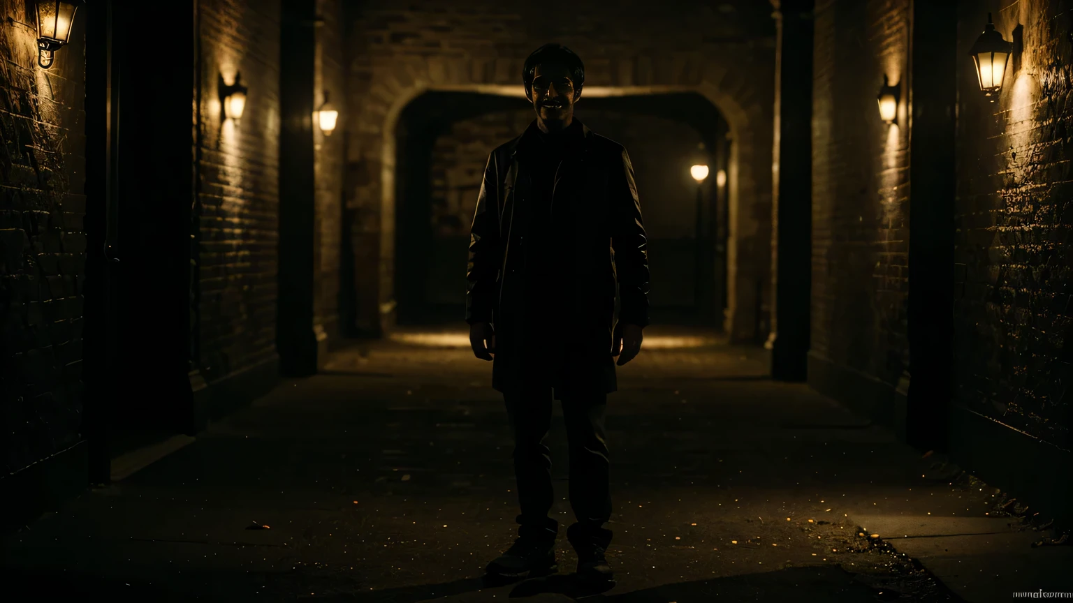man standing facing the camera with a scary smile, noite, corpo todo, Poor lighting, cinematic brilliance, ultra-detalhado, uma obra de arte, Horror, Cinematic scene, Luz pequena