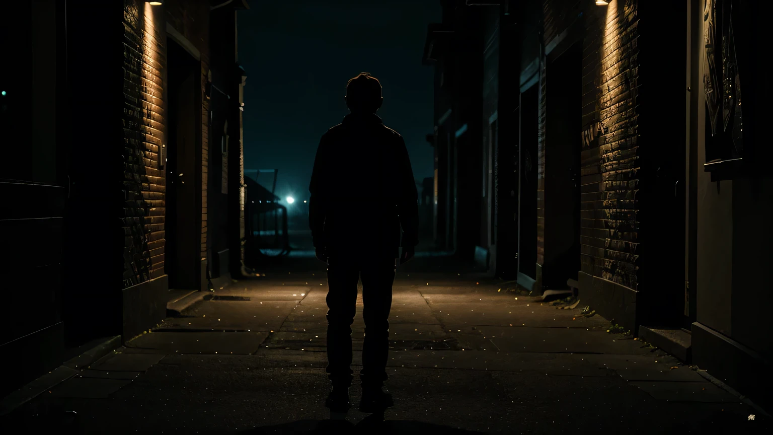 man standing facing the camera with a scary smile, noite, corpo todo, Poor lighting, cinematic brilliance, ultra-detalhado, uma obra de arte, Horror, Cinematic scene, Luz pequena