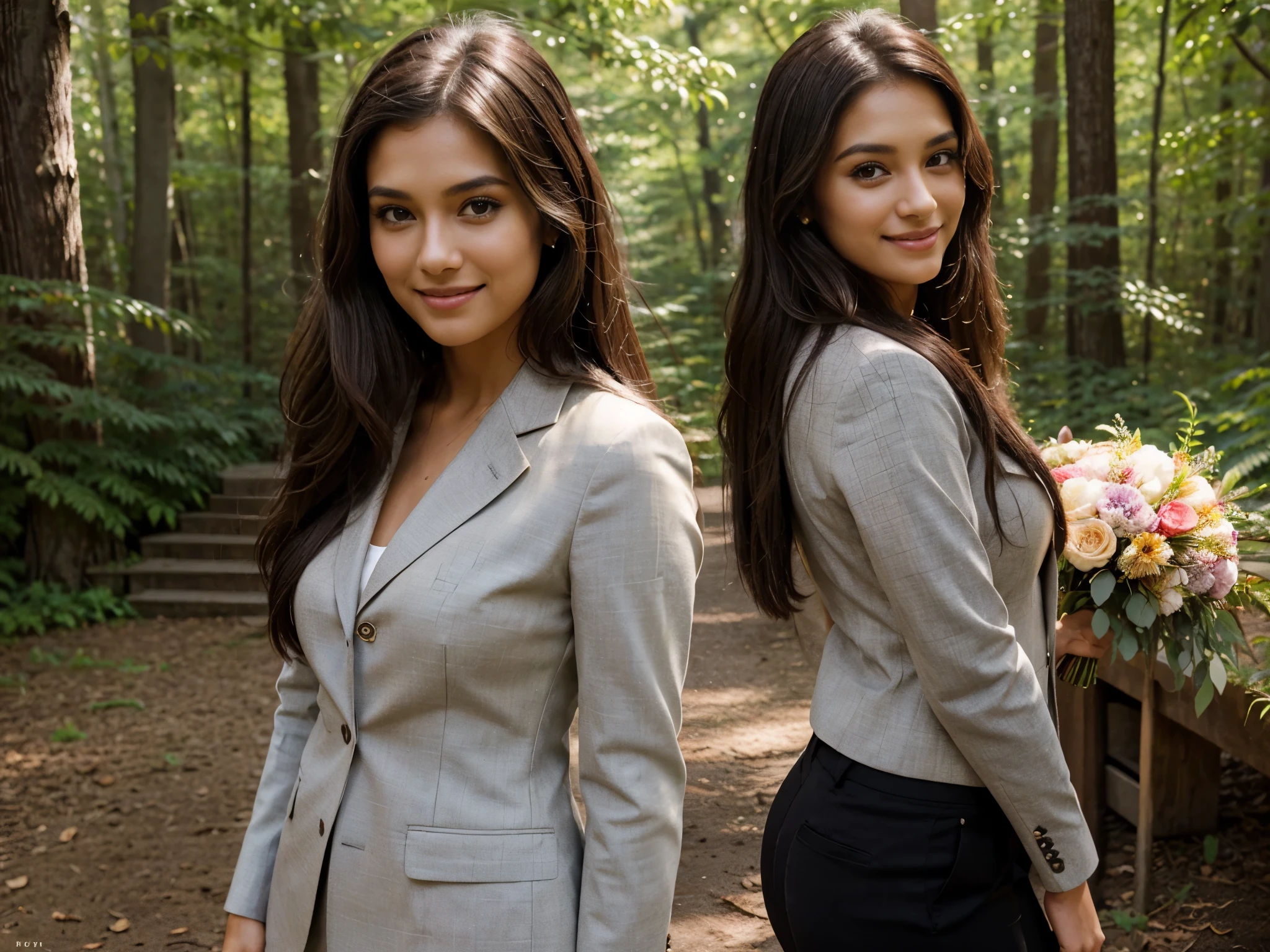 side pose a beautiful brown American woman, wearing professional suite blazer and shirt, posing IN front of wedding stage full of flowers in forest, smiling, friendly expression , vibrant flower stage, long straight black hairs, flirty look, straight hairs, brown eyes, brown hairs, realistic skin texture, realistic photography