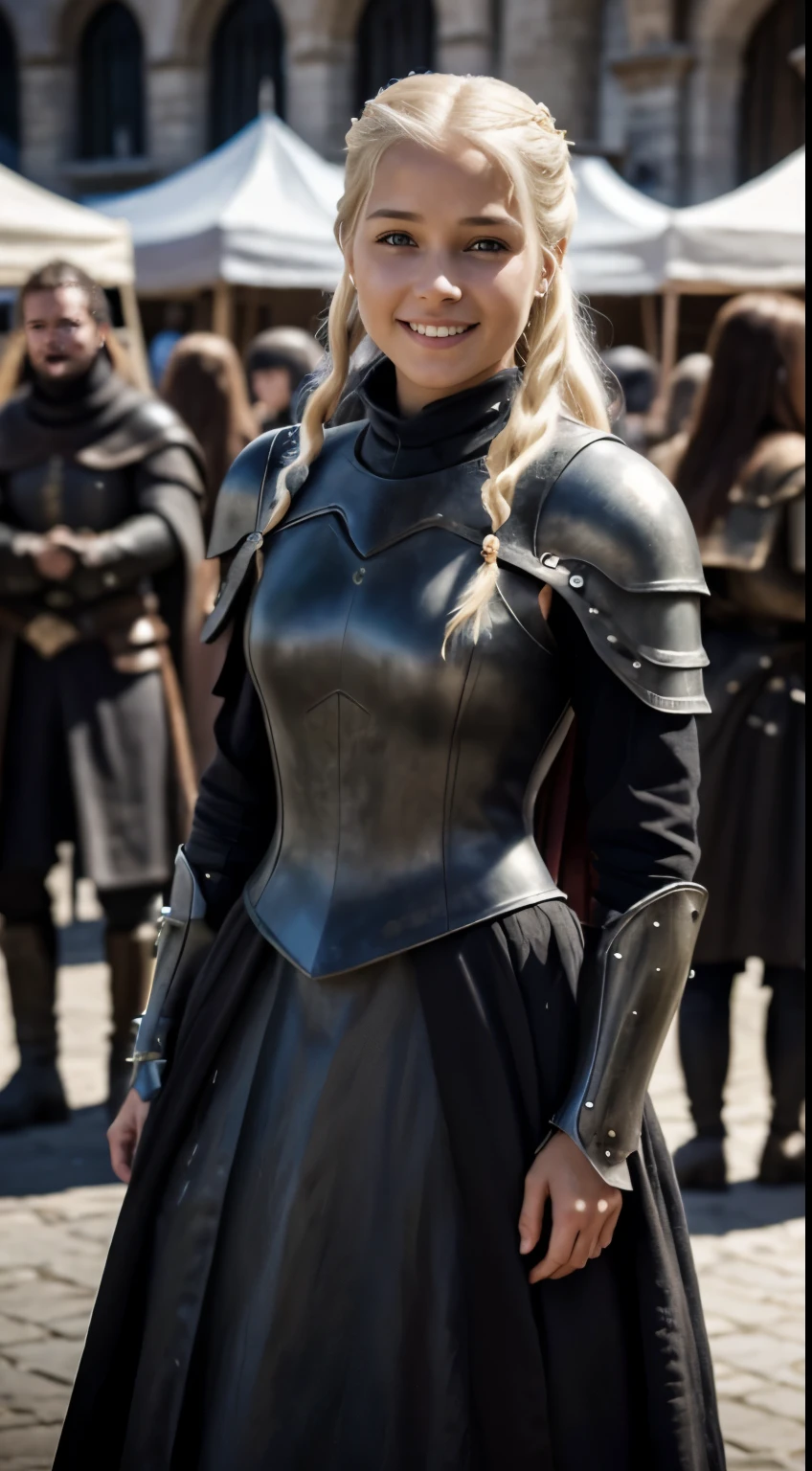 Foto hiperrealista en primer plano de 20 years old Maria Bello, Create dystopian masterpieces, scene from the Game of Thrones movie, the entire figure dressed in Game of Thrones style, black dress with armor armor accessories, om a medieval market square,  beautiful woman, skinny, small breasts, straight blond hair, detailed face, smile smile, photo taken from a distance, age 20 tears old