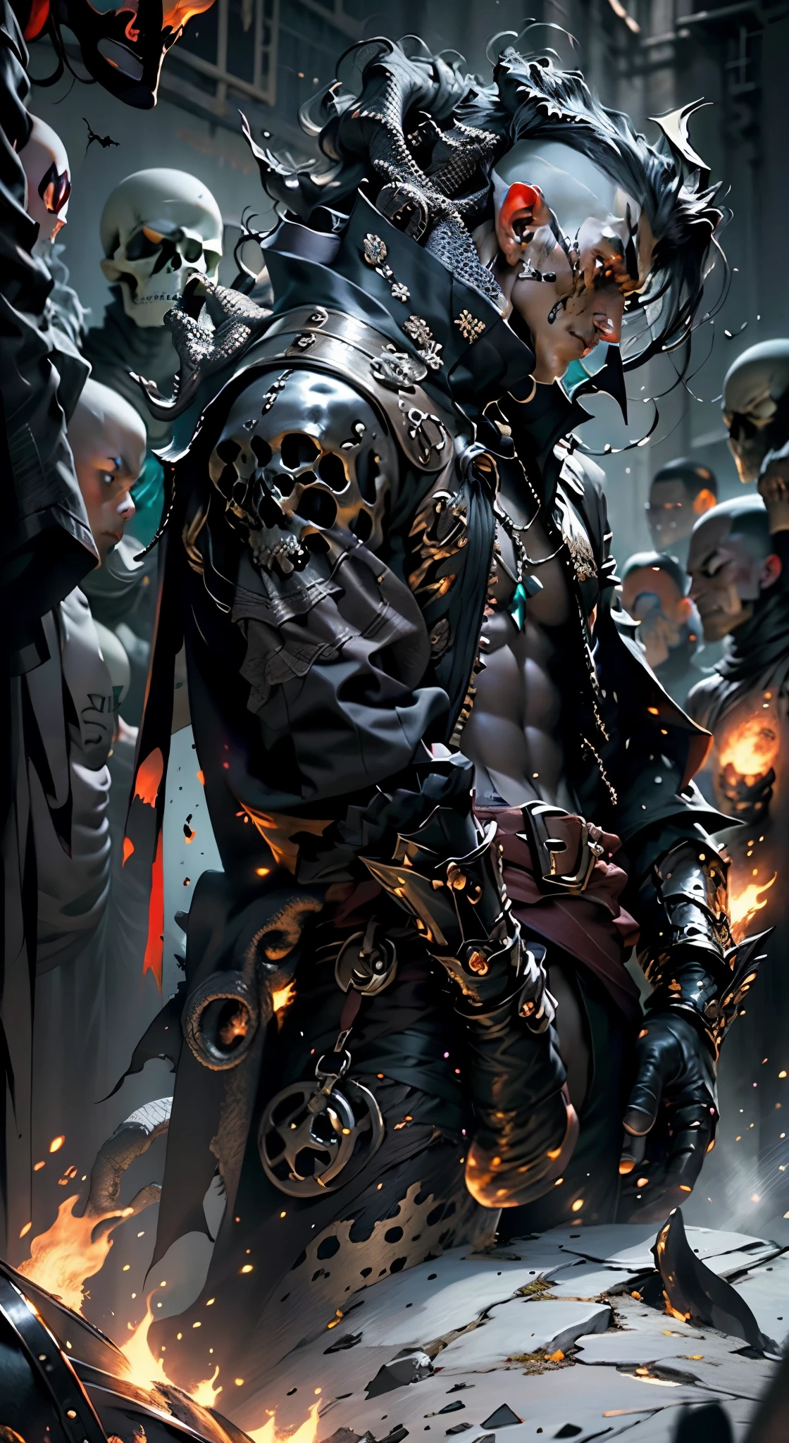 01_Clash of the Titans. Gods and demons in mortal combat. Battle scene. Demonic images: (skulls, octopus tentacles, horns, glowing eyes, strong body, protruding bones on a sinewy torso, belts, metal decorative elements, amulets, esoteric symbolism). Angels: (strong body of a man, smoothly shaved head, angel of light angle from the back, very strong body, textured back, anatomically correct proportions. He has a very beautifully built male body, fights with a terrible enemy, he is surrounded by demonic women, they play around, flirt, trying to interfere and harm, very beautiful female bodies, demonic images).
02_High Renaissance oil painting environment, Italian Renaissance masters; Titian, Veronese, Rubens, Botticelli. It is a gloomy picture of a battle between an angel warrior and demonic creatures. Luscious oil painting with broad strokes, high detail, pure white skin in the center of the composition, and brutal seductive figures of demonic women. Dark monsters. Painting by Bosch, stories by Dante Alighieri, “Divine Hell-Paradise”, chronicles of vampires by Brian Lumley.
03_ High image quality, 4K | Ultra HD | Full HD, cinematic rendering, 3D visualization - a masterpiece, TOP computer graphics ART. Unreal 8K engine, motion capture, dark lighting, strong shading, warm shadows - cool backlight, high detail. (vivid, photorealistic, dramatic, dark, sharp focus, 8K). Highly detailed textures, materials, stone, metal, corpse decomposition, bones, and skulls. (shades of gray, red, black, elements, metallic shine, red fire) Destroyed architecture floating in space - debris, stones, ruins, magical pentagrams, amulets, ornaments, cabalistic symbols. Film grain, dust, and airborne particles.