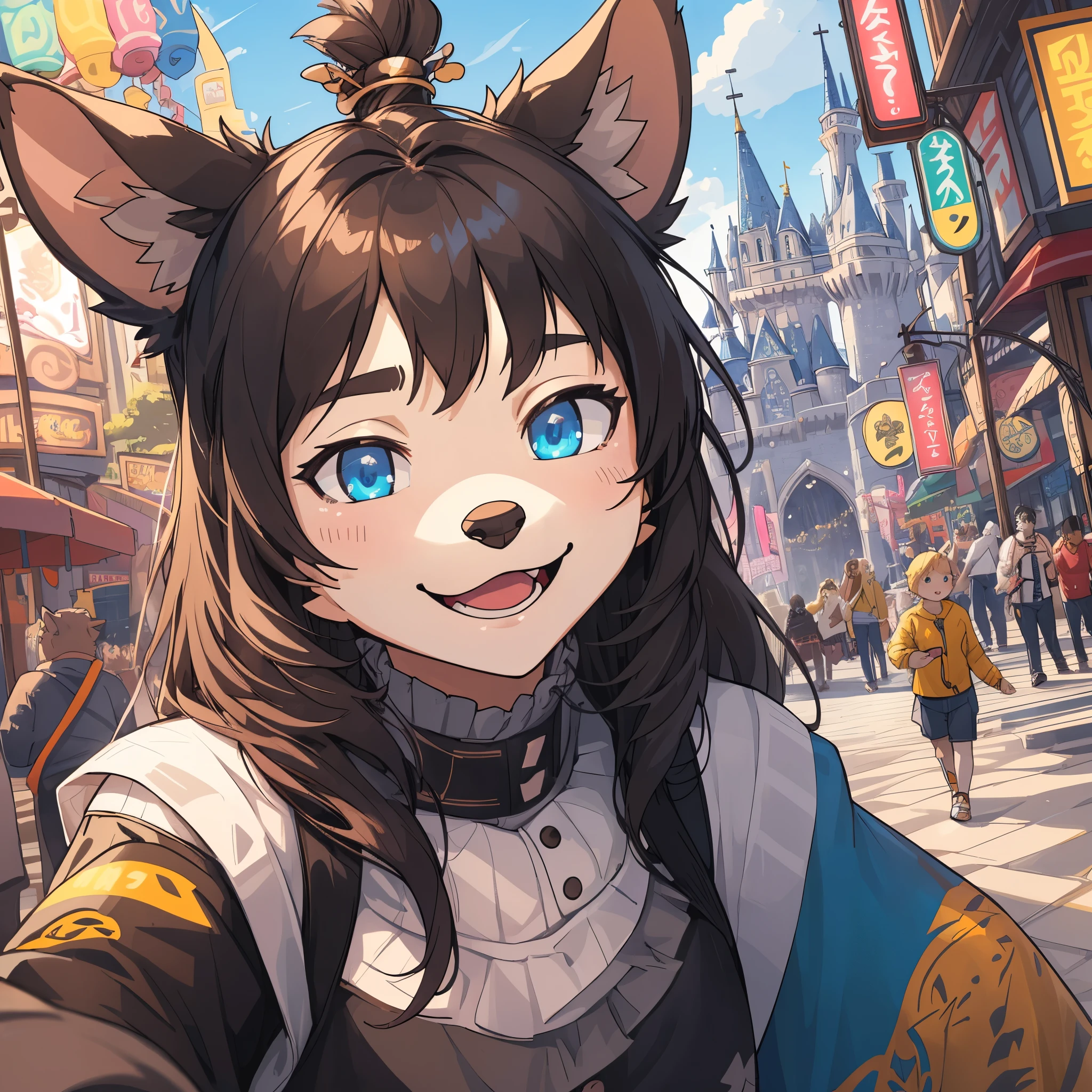 top quality, best quality, High-quality illustrations, masterpiece, super high resolution, detailed background, detailed background, An amusement park, Disneyland, group shot:0.5, 6+boys, 6+girls, Happy, joyful, absurdres(highly detailed beautiful face and eyes)perfect anatomy(Photos taken with friends)(kemono, furry anthro)selfie:0.5,