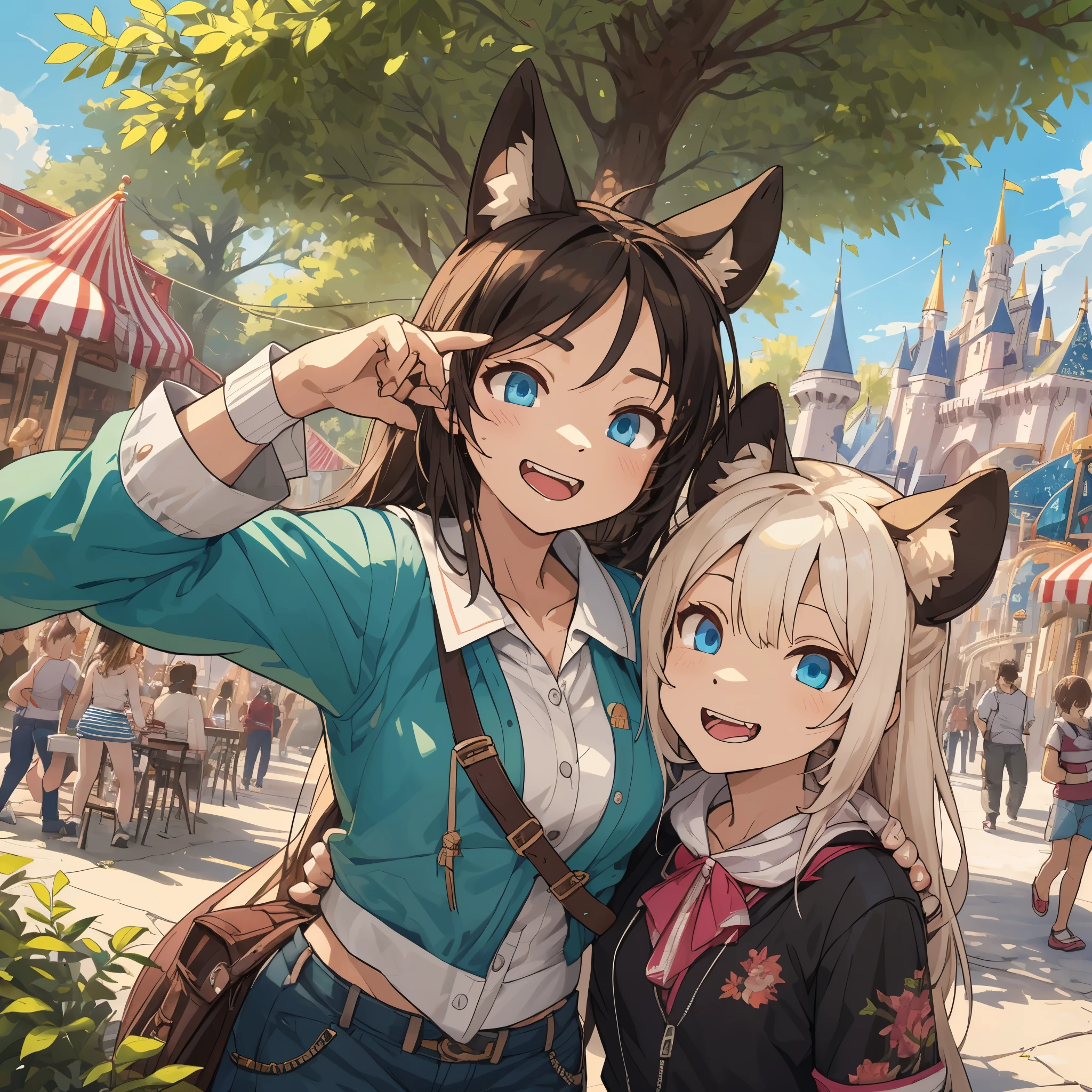 top quality, best quality, High-quality illustrations, masterpiece, super high resolution, detailed background, detailed background, An amusement park, Disneyland, group shot:0.5, 6+boys, 6+girls, Happy, joyful, absurdres(highly detailed beautiful face and eyes)perfect anatomy(Photos taken with friends)(kemono, furry anthro)selfie:0.5,