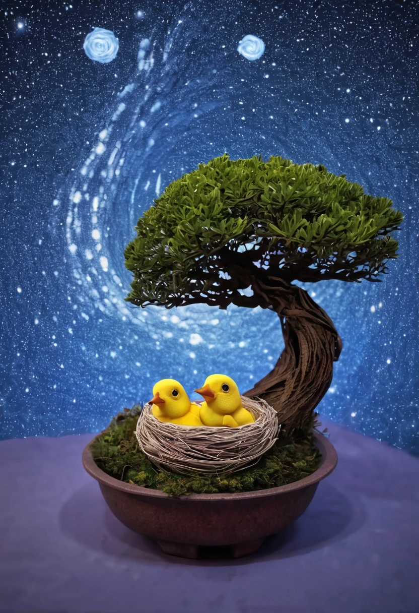 a newborn bird, the bird is abnormally fat and the nest is located in a bonsai, the nest breaks due to the weight of the chick and the chick falls, in a pot, surreal, funny, comic, starry sky, zentangle, origami, cinematic, emotional, epic, vincent van gogh,....by my self...lol