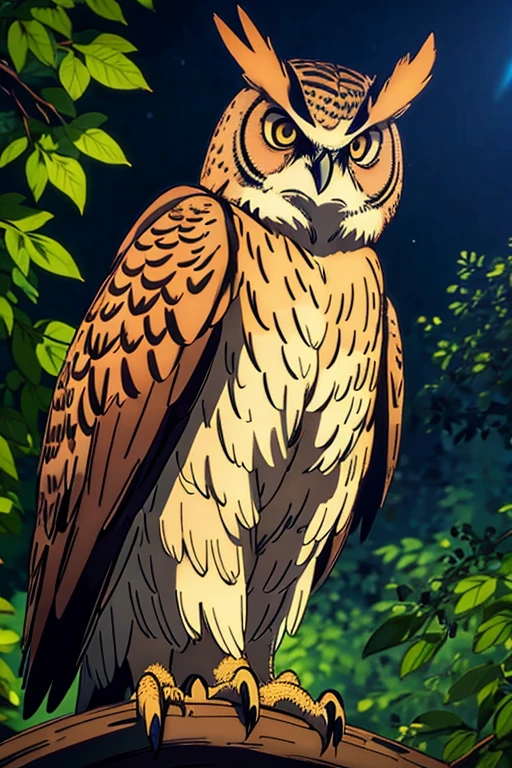 Eurasian eagle owl,bird of prey,sitting on a branch,nighttime,peaceful atmosphere,mappa art style,majestic,beautiful feathers,intense gaze,proud posture,imposing silhouette,sharp talons,feathery details,lush foliage surrounding the owl,dimly lit scene,dark color palette,dreamy ambiance,mystical aura,majestic creature