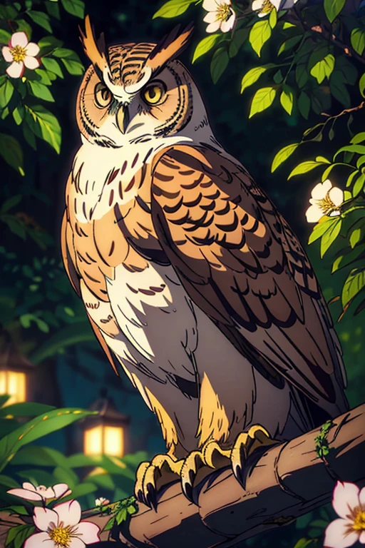 (best quality,4k,8k,highres,masterpiece:1.2),ultra-detailed,(realistic,photorealistic,photo-realistic:1.37),Eurasian eagle owl with detailed brown eyes,sitting on a branch at night with beautiful surroundings and plants in a mappa art style. The owl's feathers have intricate details and rich colors, with shades of brown and white blending seamlessly. The vivid colors of the artwork bring out the majestic presence of the owl, while the night setting creates a mysterious and enchanting atmosphere. The branch offers a perch for the owl, adding a sense of stability and balance to the composition. Soft moonlight illuminates the scene, casting gentle shadows and highlighting the owl's features. The surrounding environment is filled with lush foliage and delicate flowers, creating a harmonious and serene setting. The mappa art style adds a touch of elegance and sophistication to the overall composition, with intricate patterns and textures adorning the background. The artwork captures the beauty and grace of the Eurasian eagle owl, showcasing its piercing eyes and regal demeanor.