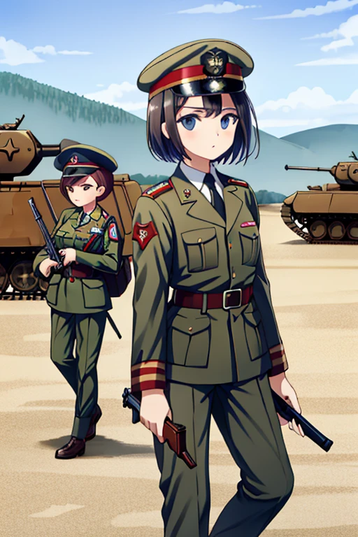 girls in second world war military uniform, holding weapons, on the battlefield