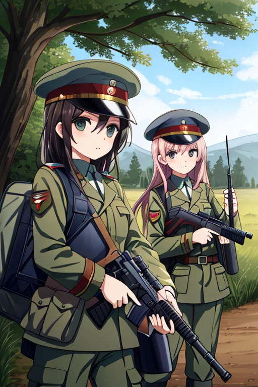 girls in second world war military uniform, holding weapons, on the battlefield