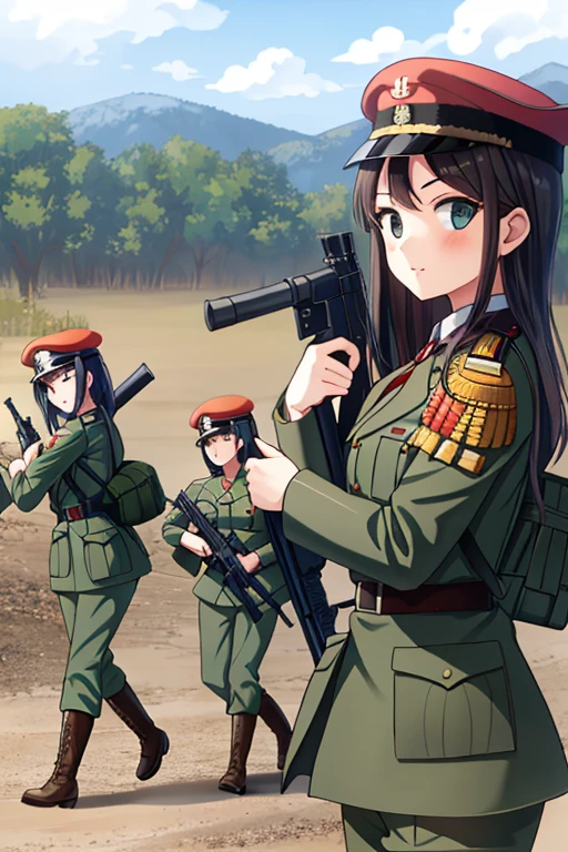 girls in second world war military uniform, holding weapons, on the battlefield