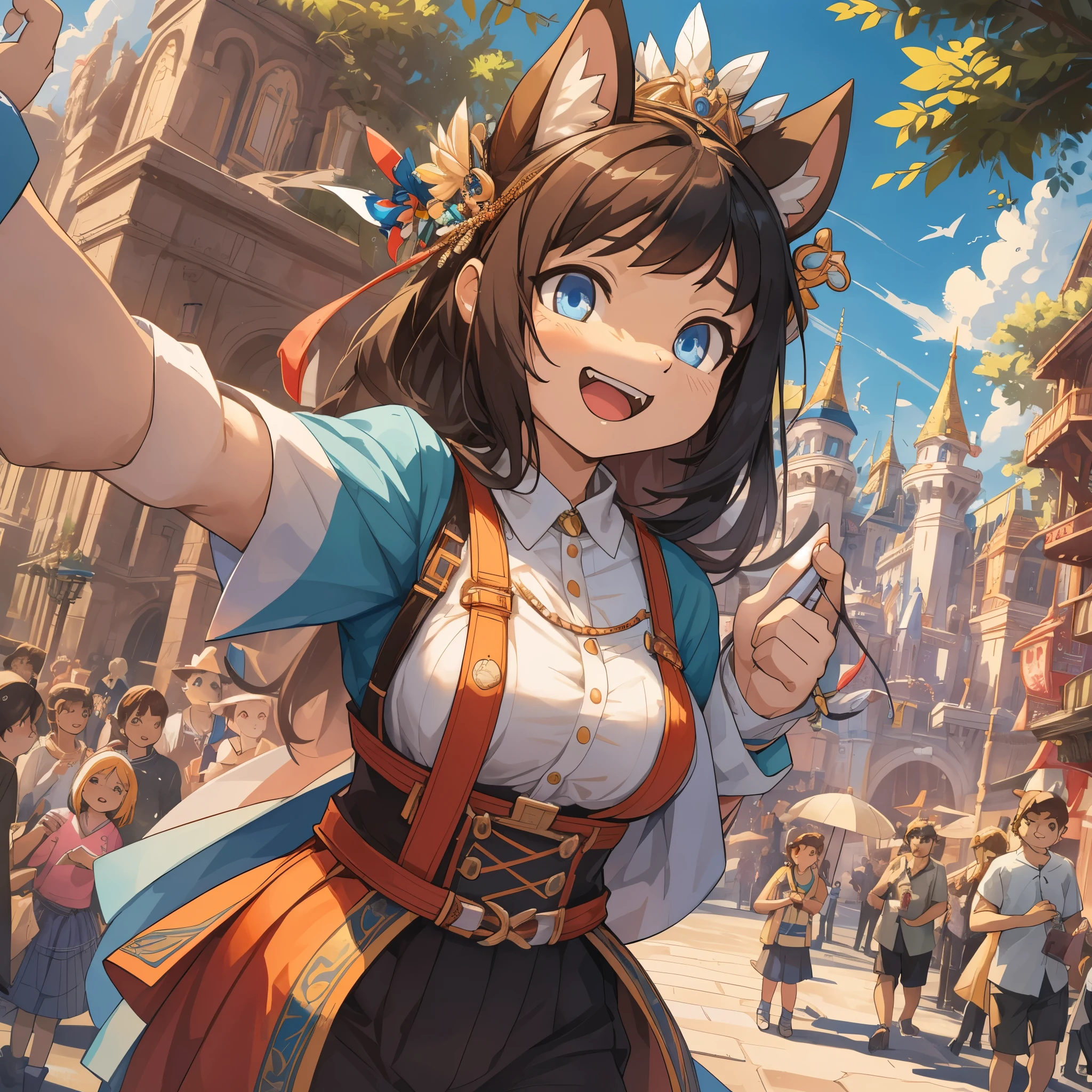 top quality, best quality, High-quality illustrations, masterpiece, super high resolution, detailed background, detailed background, An amusement park, Disneyland, group shot:0.5, 6+boys, 6+girls, Happy, joyful, absurdres(highly detailed beautiful face and eyes)perfect ???????(Photos taken with friends)(kemono, furry anthro)selfie:0.5,