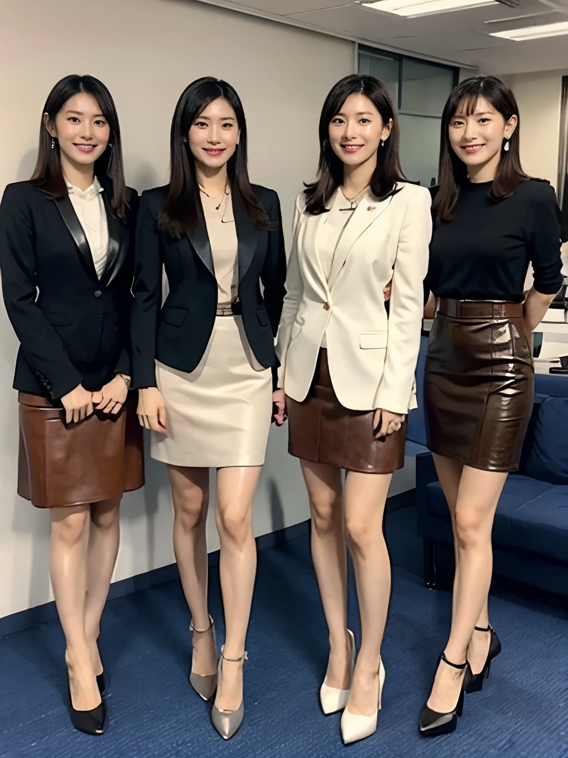 (masterpiece, best quality, raw photo, photo realistic, 8K), perfect anatomy, Realistic Japanese beautiful actress, detailed clothes, full body, a group photo of colleagues, Group photo, Company corridors, colleagues at the company, ((Women wearing business suits with super mini leather skirts)), Extremely short micro mini skirt, White shiny satin stand collar blouse, high heel pumps, Middle hair with black hair, Horizontal division, ear, Beautiful thighs, slender body, focus on persons clearly, looking at viewer and full smile, whole body