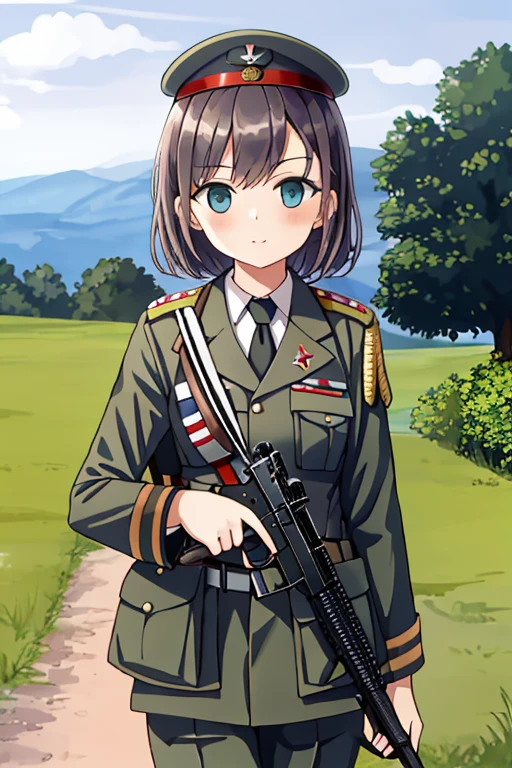 girls in second world war military uniform, holding weapons, on the battlefield