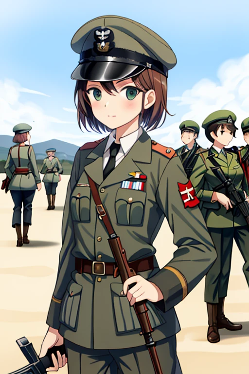 girls in second world war military uniform, holding weapons, on the battlefield